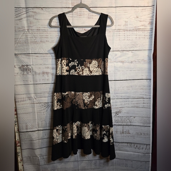 R&M Richards Black Sleeveless Dress With Floral Brown And Cream. Womans Size 14 - Picture 1 of 5